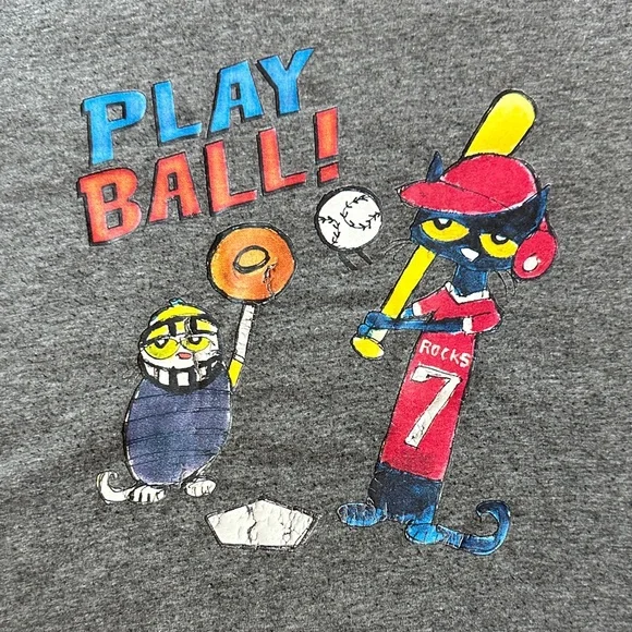 Pete the Cat size youth medium Gray Play Ball baseball Graphic T-Shirt - Picture 2 of 4